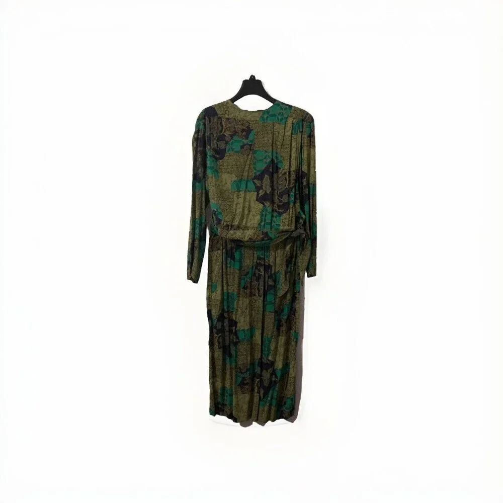 Vintage Bonnie Boynton Green Purple 3Piece Skirt Suit Floral Print Tunic Tie 80s